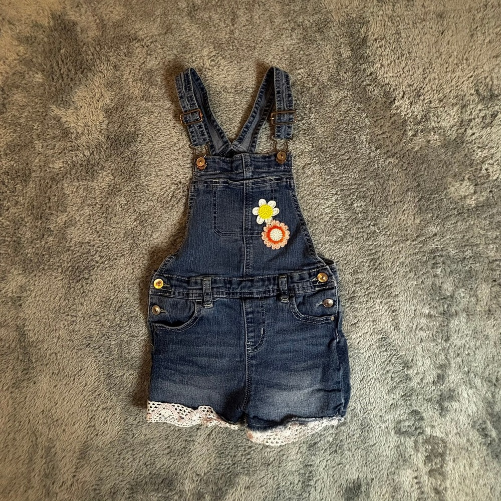 Wonder Nation Girls Denim Shortalls Blue Dark Wash Flower Lace Trim Size 5T